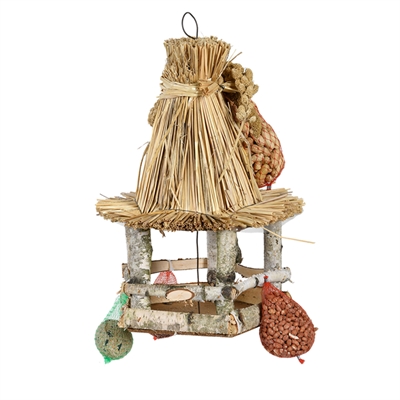 Best for birds voedertafel hangend rieten dak inclusief voer (28X28X39 CM) - Afbeelding 2